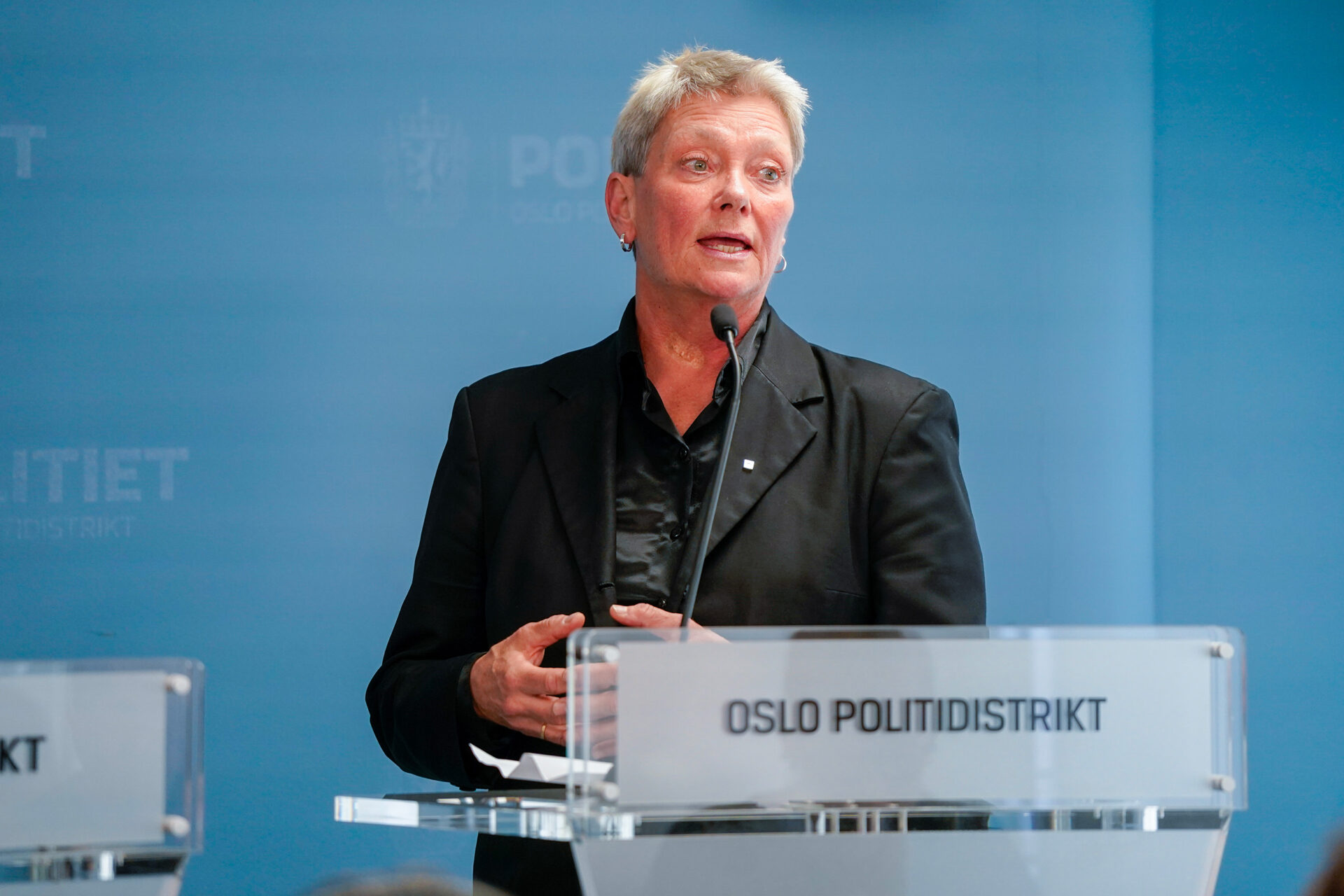 Sjef PST Beate Gangås står på en pressekonferanse. Foto